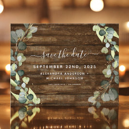 Sla de datum Eucalyptus groen rustiek hout Aankondigingskaart