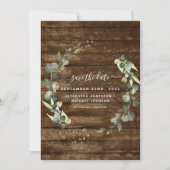 Sla de datum Eucalyptus groen rustiek hout Save The Date (Voorkant)