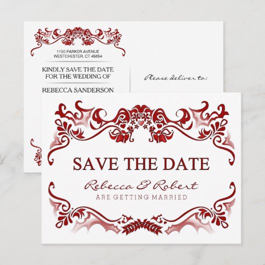 Sla de datum Fancy grens Valentijnse Rode Briefkaa Aankondigingskaart (Voorkant / Achterkant)