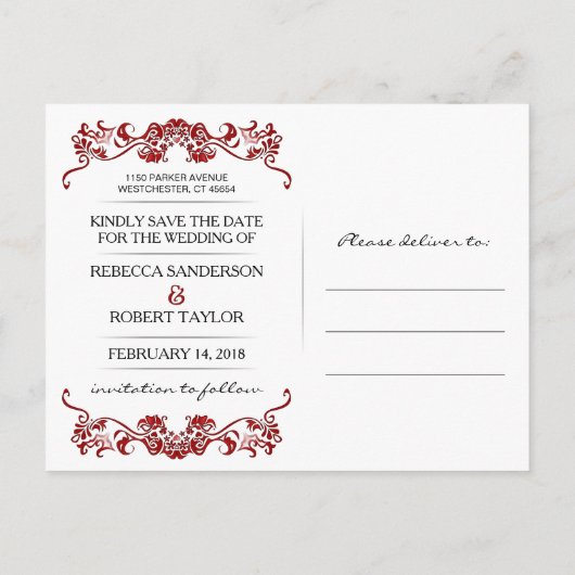 Sla de datum Fancy grens Valentijnse Rode Briefkaa Aankondigingskaart (Achterkant)