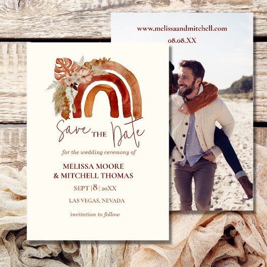 Sla de datum foto aardetoon boho regenboog bloemig kaart