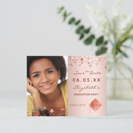 Sla de datum foto afstudeerfeest blozen briefkaart (Staand voorkant)