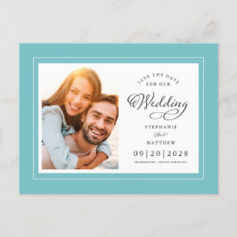 Sla de datum foto Aqua Blue Green Chic bruiloft Aankondigingskaart