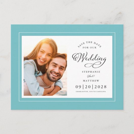 Sla de datum foto Aqua Blue Green Chic bruiloft Aankondigingskaart (Voorkant)
