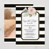 Sla de datum Foto Brede Streep Faux Gold Bloemen Kaart (Voorkant / Achterkant)