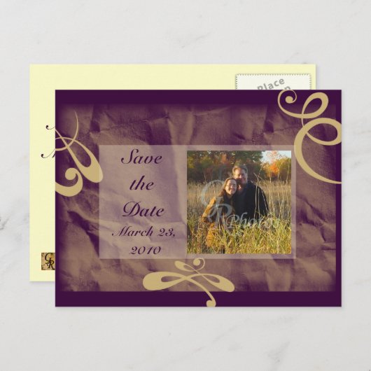 Sla de datum foto Briefkaart Paarse/Khaki (Voorkant / Achterkant)