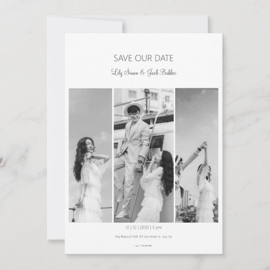 Sla de datum foto collage zwart wit bruiloft kaart (Voorkant)