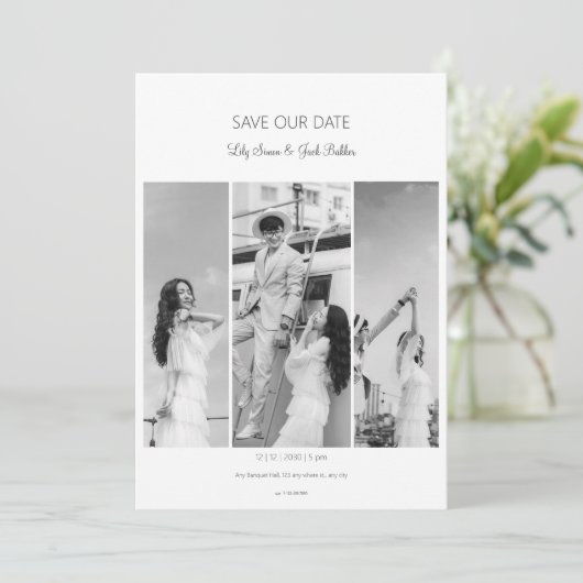 Sla de datum foto collage zwart wit bruiloft kaart (Staand voorkant)