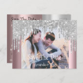 Sla de datum foto Glitter Verloving Roos Grijs Aankondigingskaart (Voorkant / Achterkant)