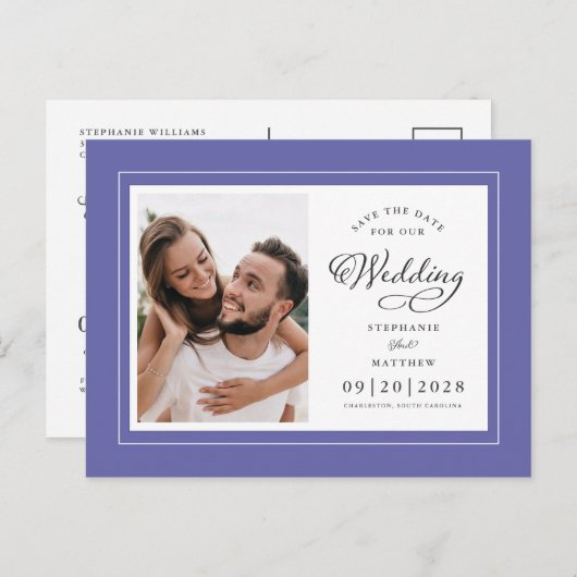 Sla de datum foto op zeer Peri Blue Elegant Weddin Aankondigingskaart (Voorkant / Achterkant)