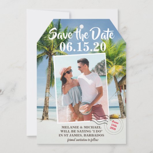 Sla de datum foto tropisch Bagagelabel op Save The Date (Voorkant)