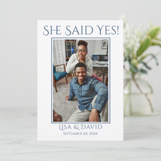 Sla de datum foto trouwaankondiging blauw save the date (Staand voorkant)