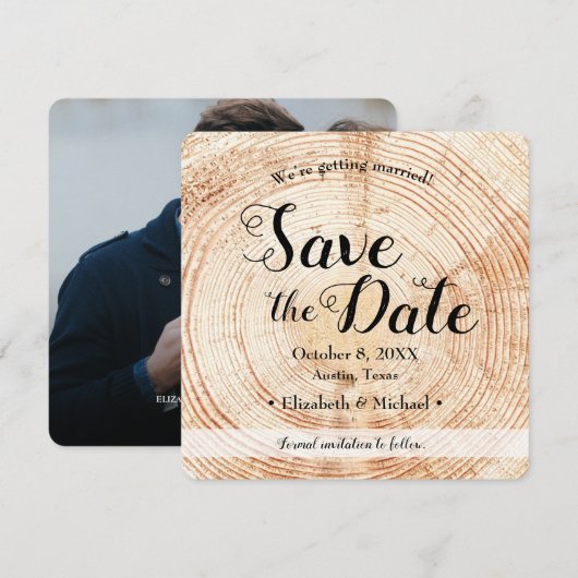 Sla de datum foto uitnodiging hout rustieke bruilo (Voorkant / Achterkant)