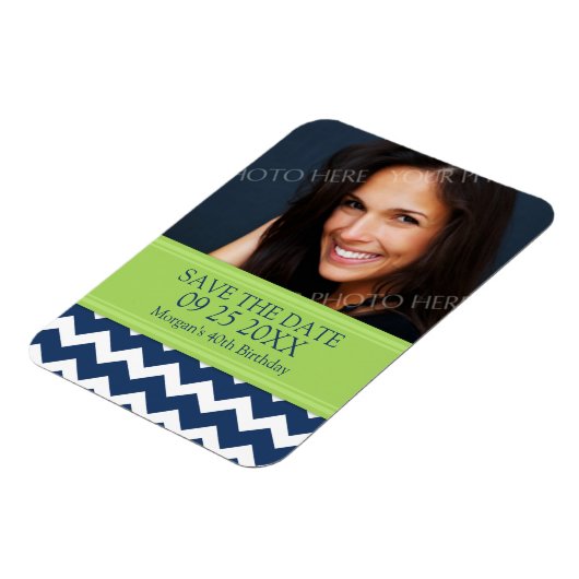 Sla de datum Foto Verjaardagsmagneet Blauwe Chevro Magneet (Linkerzijde)