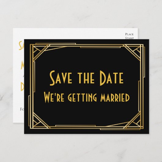 Sla de datum Gatsby Goud Zwart Art Deco Bruiloft Aankondigingskaart (Voorkant / Achterkant)