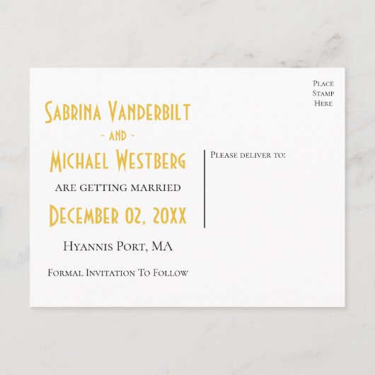 Sla de datum Gatsby Goud Zwart Art Deco Bruiloft Aankondigingskaart (Achterkant)