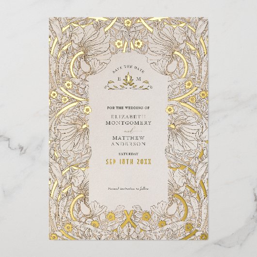 Sla de datum gedempte witte Pimpernel Morris op Folie Uitnodiging (Voorkant)