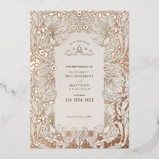 Sla de datum gedempte witte Pimpernel  Morris op Folie Uitnodiging (Voorkant)