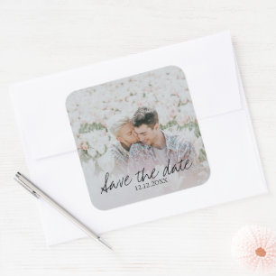 Sla de datum gepersonaliseerde foto op vierkante sticker