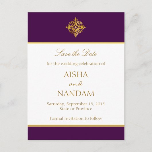 Sla de datum Gold en Paars Briefkaart op (Voorkant)