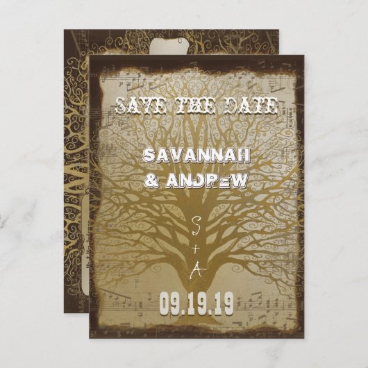 Sla de datum Gold Swirly Tree op Aankondigingskaart (Voorkant / Achterkant)