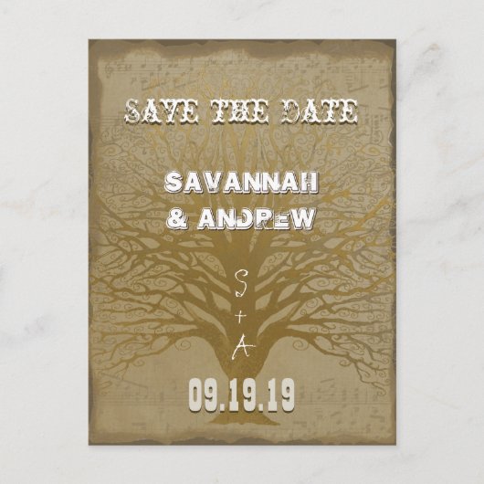 Sla de datum Gold Swirly Tree op Aankondigingskaart (Voorkant)