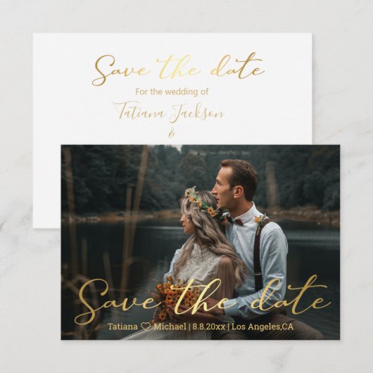 Sla de datum goud trendy strip bruiloft fotokaart notitiekaartje (Voorkant / Achterkant)
