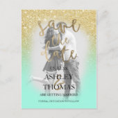 Sla de datum gouden glitter mint script foto aankondigingskaart (Voorkant)