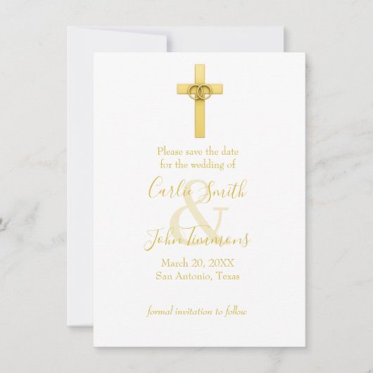 Sla de datum gouden kruis met trouwringen 3 save the date (Voorkant)
