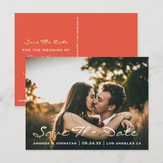 Sla de datum gouden script foto levendige koraal briefkaart (Voorkant / Achterkant)