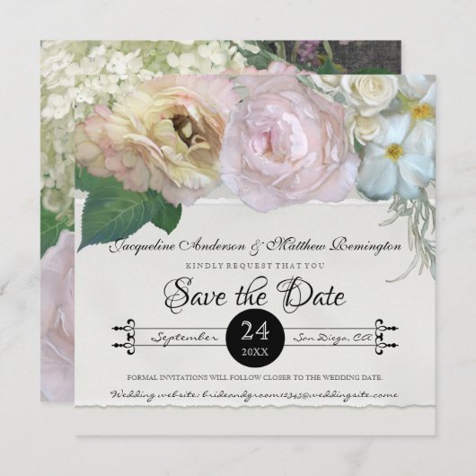 Sla de datum Grijs Ombre Bloemen Pioenroos Rozen Kaart (Voorkant / Achterkant)