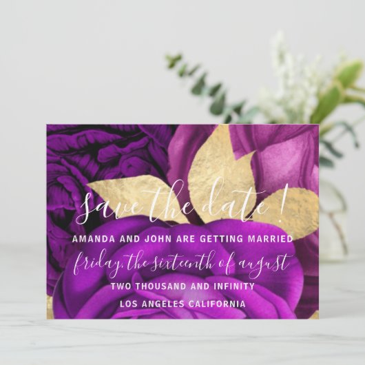 Sla de datum grijze Paarse gouden Rozen op Save The Date (Staand voorkant)