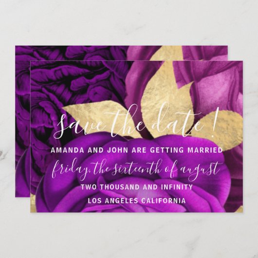 Sla de datum grijze Paarse gouden Rozen op Save The Date (Voorkant / Achterkant)