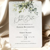 Sla de datum groen script minimalistische bruiloft kaart