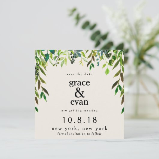 Sla de datum groene bloemige blad olijfkrans op kaart (Staand voorkant)