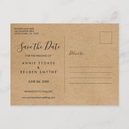 Sla de Datum Hand Script Foto Rustieke Kraft Aankondigingskaart (Achterkant)