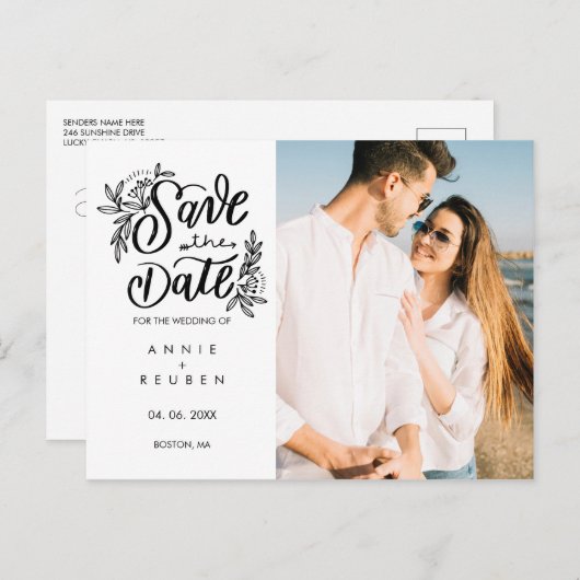 Sla de datum  Hand Script Moderne foto Aankondigingskaart (Voorkant / Achterkant)