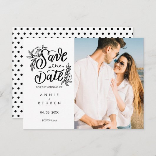 Sla de datum  Hand Script Moderne foto Aankondigingskaart (Voorkant / Achterkant)