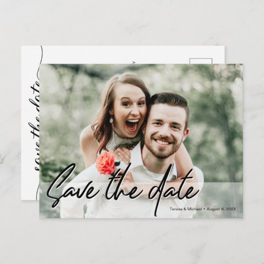 Sla de datum Handgeschreven script Verloving Foto Briefkaart (Voorkant / Achterkant)