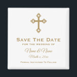 Sla de datum huwelijksmagneet op: Religieus kruis Magneet<br><div class="desc">Christelijk Cross gepersonaliseerd Bewaar de trouwmagneet van Date in het wit met gouden belettering. Tekst kan volledig worden aangepast. De achtergrondkleur kan worden veranderd. Ontworpen door Heard_.</div>