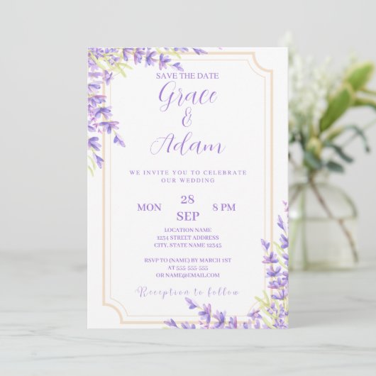 Sla de datum huwelijksuitnodiging Lavander paarse Kaart (Staand voorkant)