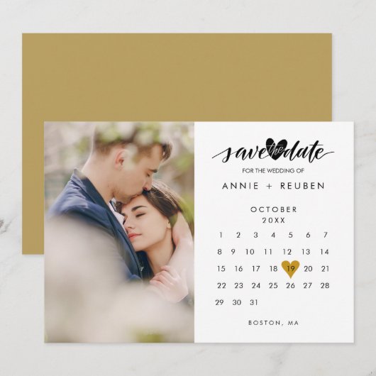 Sla de datum Kalender Chique Gold Love Heart Foto Kaart (Voorkant / Achterkant)