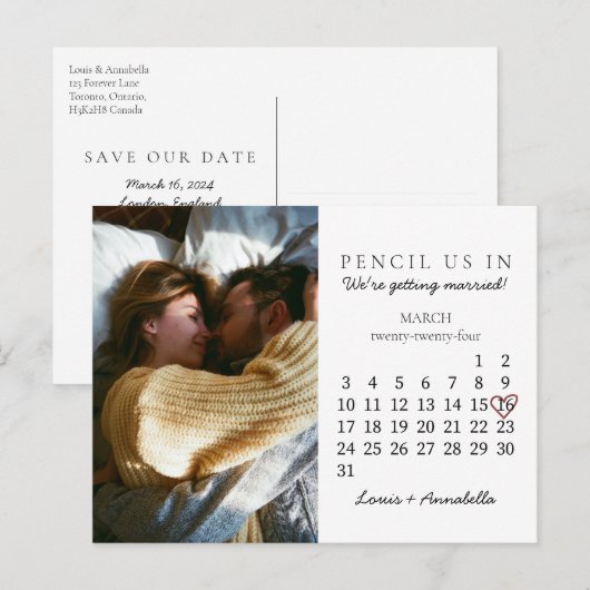 Sla de datum Kalender Eenvoudig Hart Maart 2024 Briefkaart (Voorkant / Achterkant)