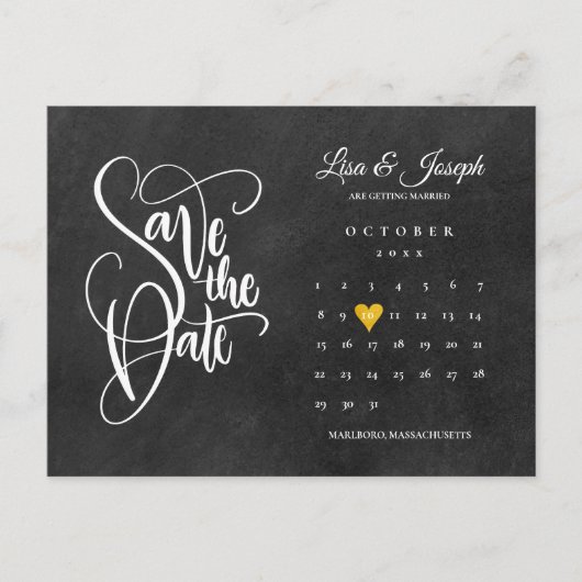 Sla de datum kalender goud liefde hart schoolbord aankondigingskaart (Voorkant)