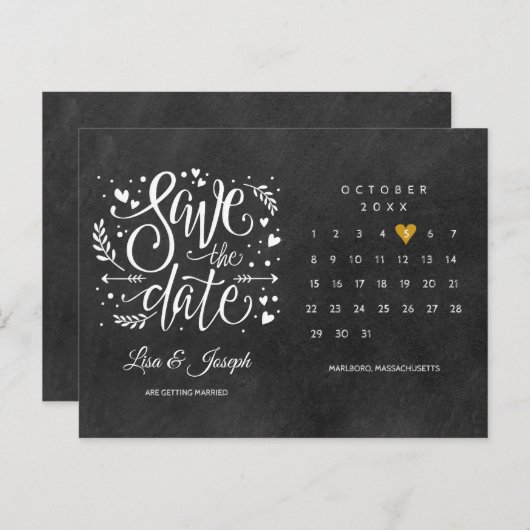 Sla de datum kalender goud liefde hart schoolbord briefkaart (Voorkant / Achterkant)