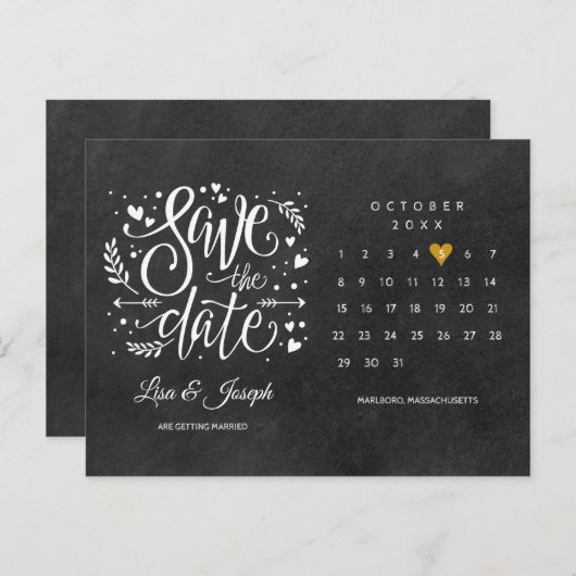 Sla de datum kalender gouden hart schoolbord aankondigingskaart (Voorkant / Achterkant)