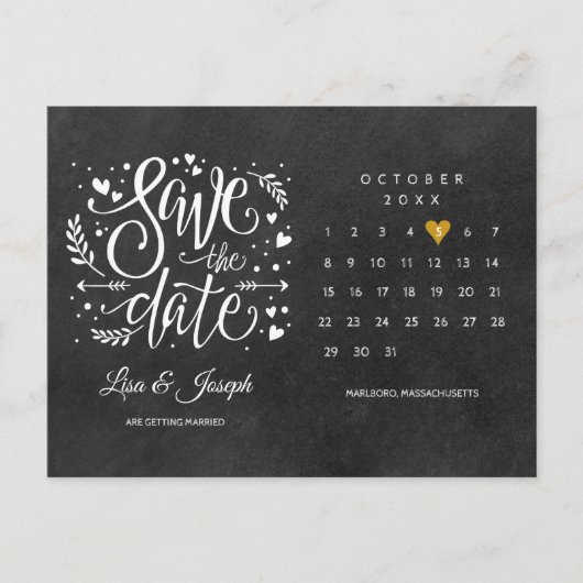 Sla de datum kalender gouden hart schoolbord aankondigingskaart (Voorkant)