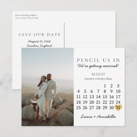 Sla de datum Kalender Hart Augustus 2024 Maand Briefkaart (Voorkant / Achterkant)