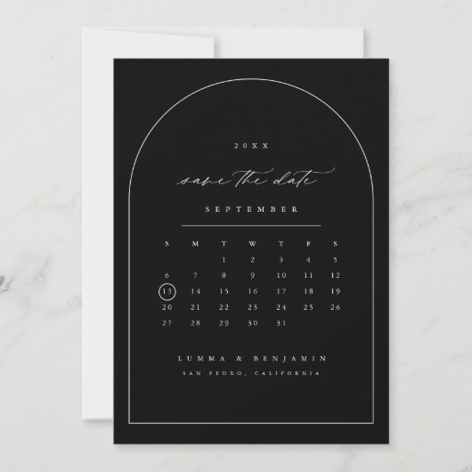 Sla de datum kalender minimale boog fotokaart op save the date (Voorkant)