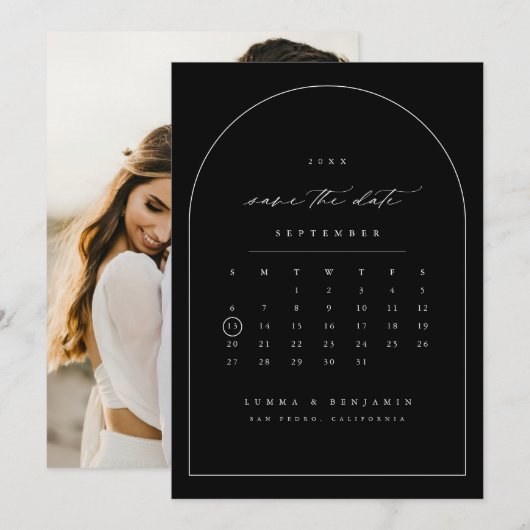 Sla de datum kalender minimale boog fotokaart op save the date (Voorkant / Achterkant)